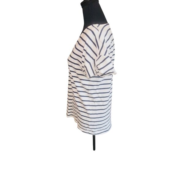 J.Crew Cap Sleeve Striped V-Neck Cotton Tee Shirt Navy/White M Nautical Sustaina - Picture 4 of 9